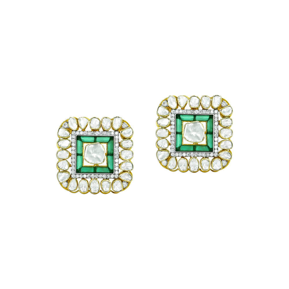 Square Polki Studs with Green Talaf